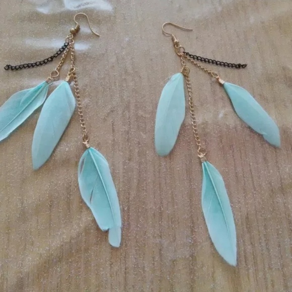 Jewelry - NEW!!! BOHO Feather Dangles~Baby blue green.